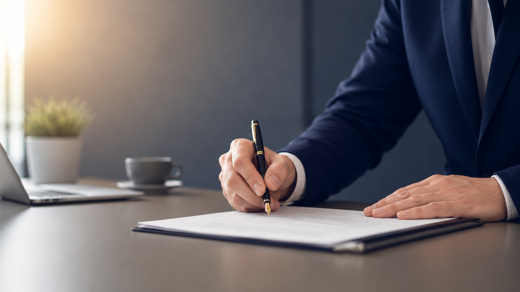 Een professional in maatpak ondertekent een contract met een vulpen op zijn bureau.